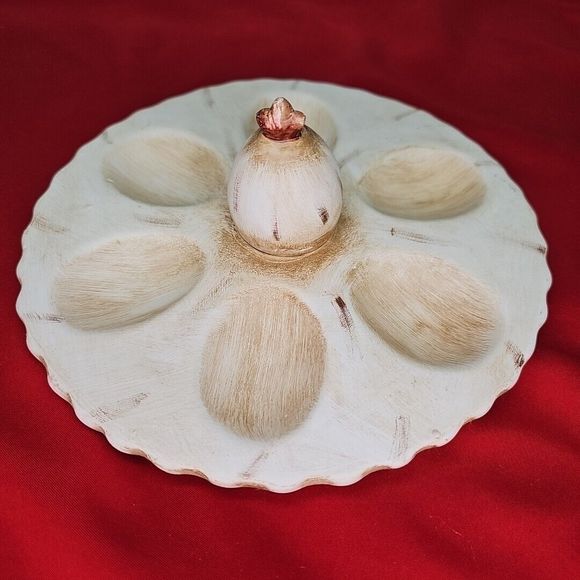 Deviled 6 Egg Tray Serving Easter Platter With Chicken Rooster Beige Round - Picture 5 of 9